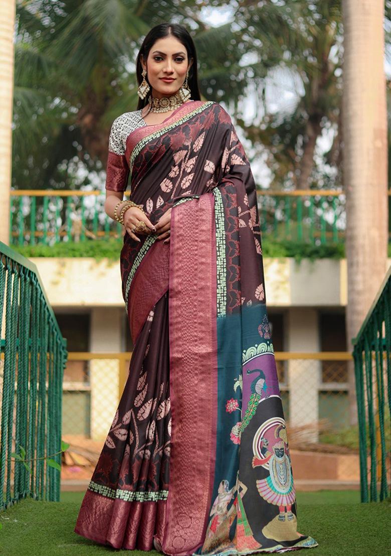 Brown Digital Print Silk Saree Set