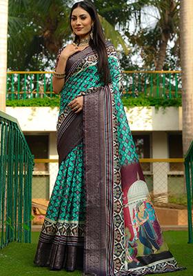 Deep Teal Digital Print Silk Saree Set