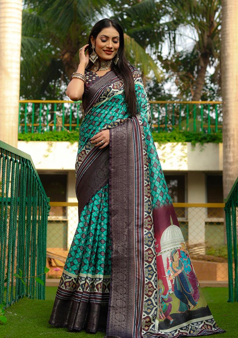 Deep Teal Digital Print Silk Saree Set