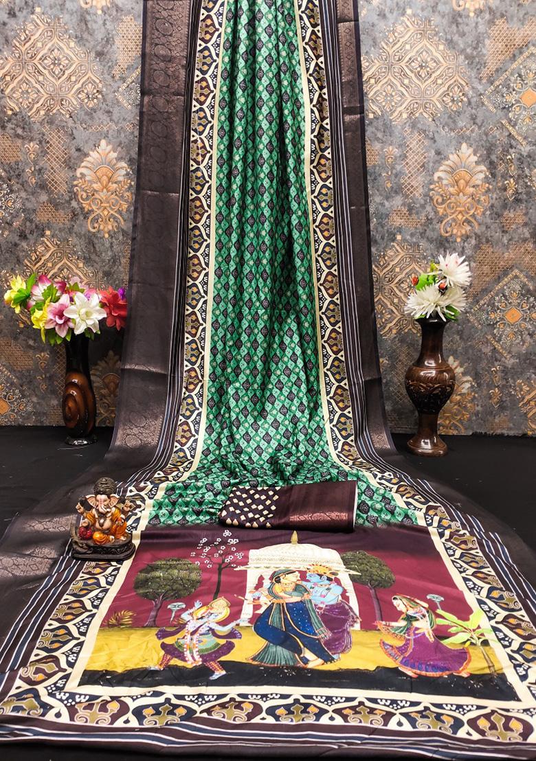 Deep Teal Digital Print Silk Saree Set