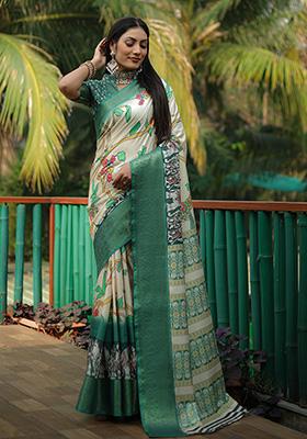 Green Digital Print Silk Saree Set