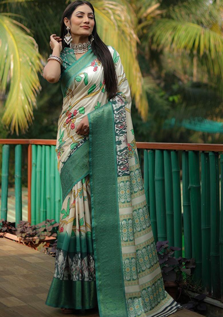 Green Digital Print Silk Saree Set