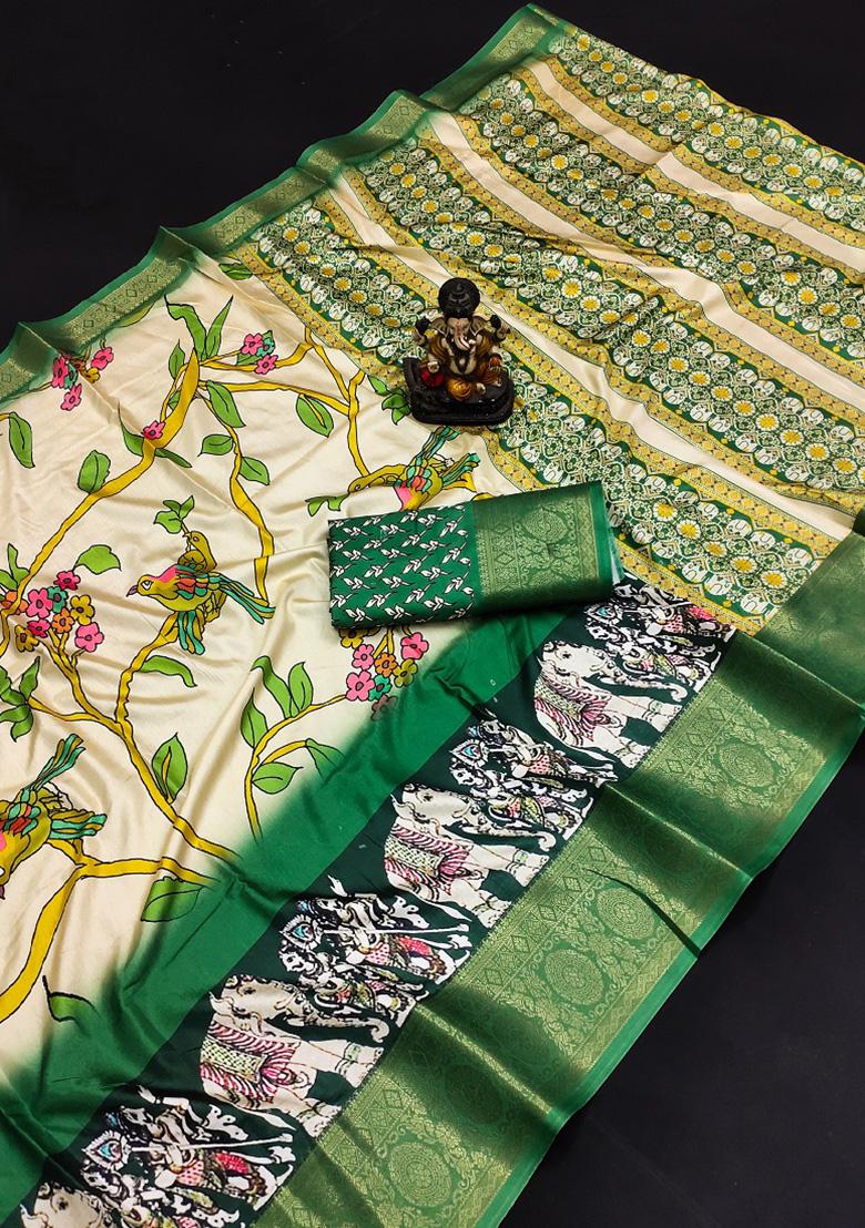 Green Digital Print Silk Saree Set