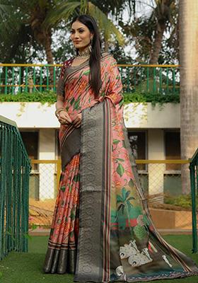 Grey Digital Print Silk Saree Set