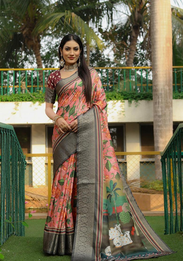 Grey Digital Print Silk Saree Set