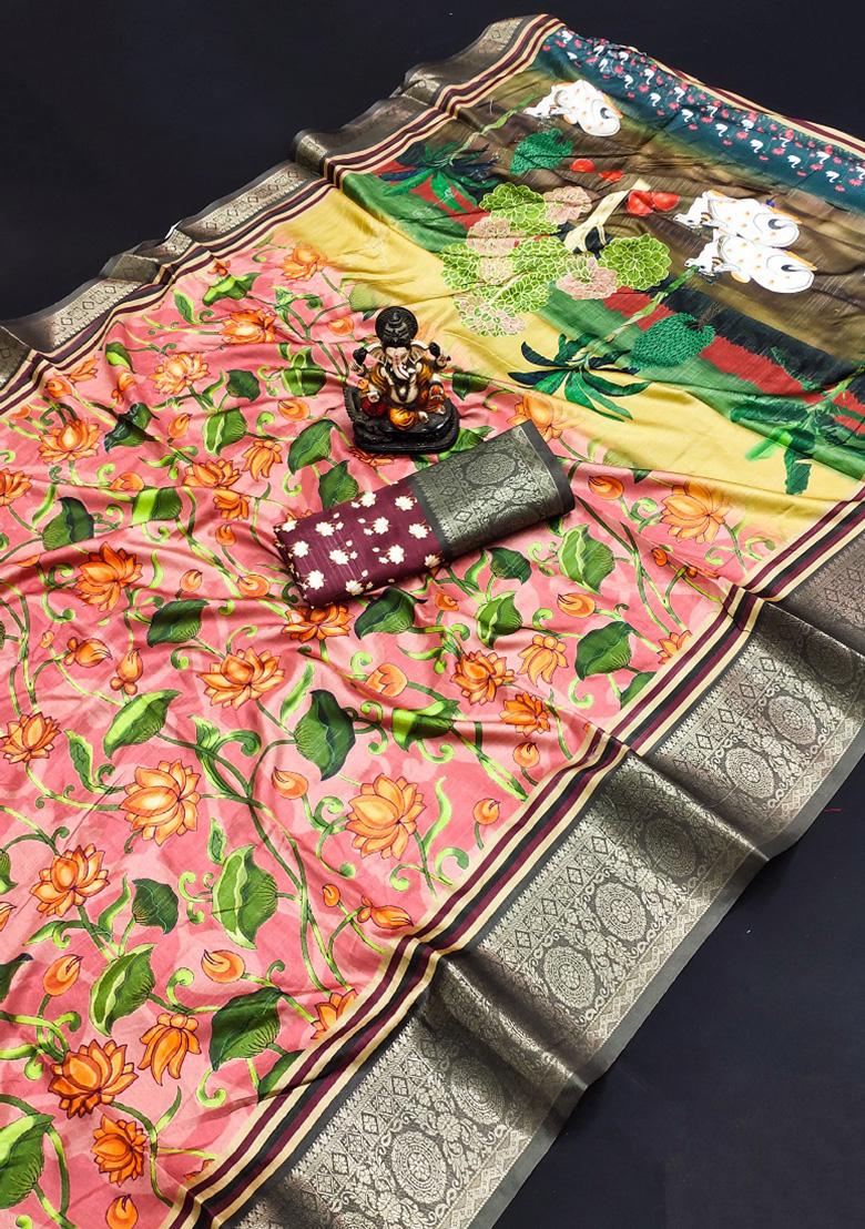 Grey Digital Print Silk Saree Set