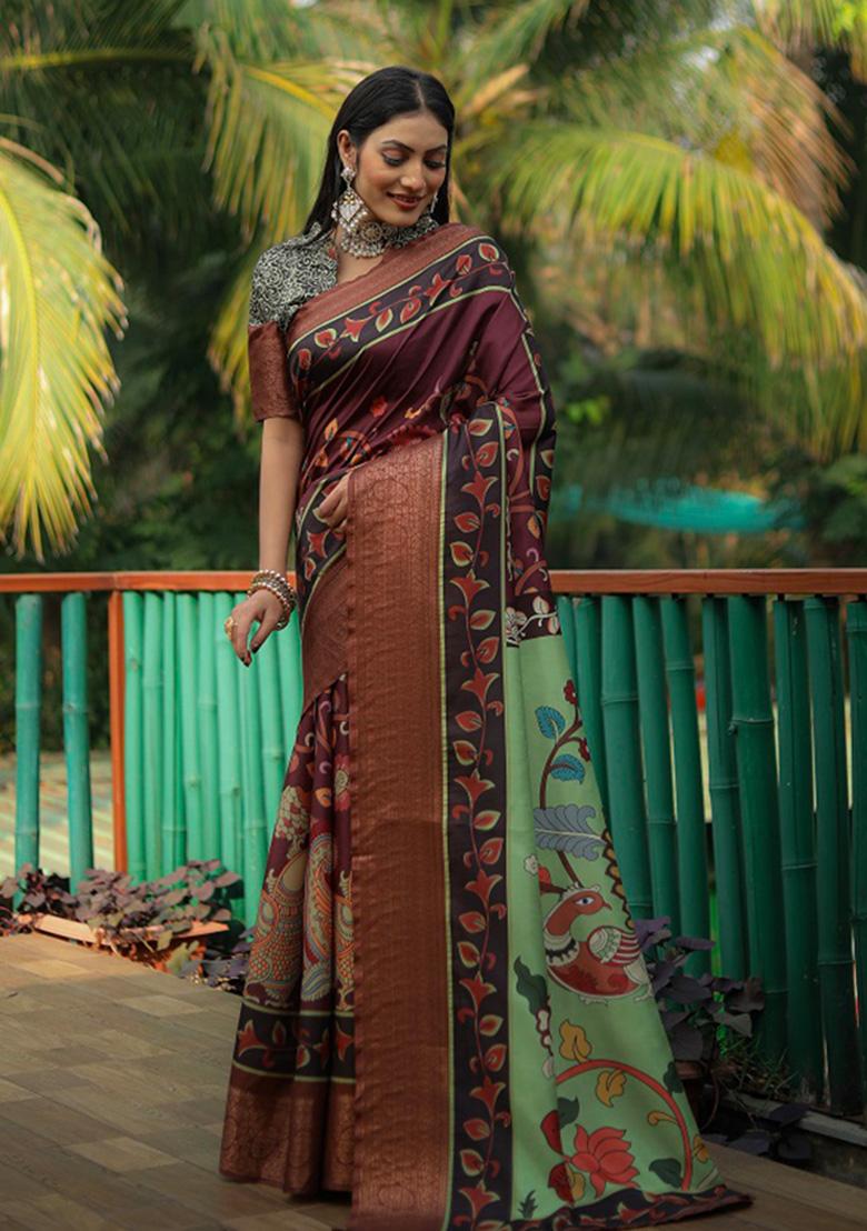 Maroon Digital Print Silk Saree Set