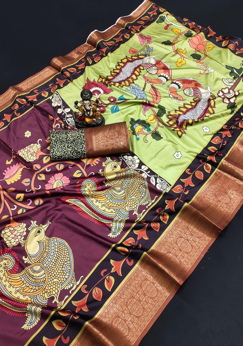 Maroon Digital Print Silk Saree Set