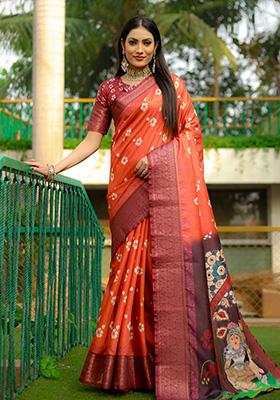 Orange Digital Print Silk Saree Set