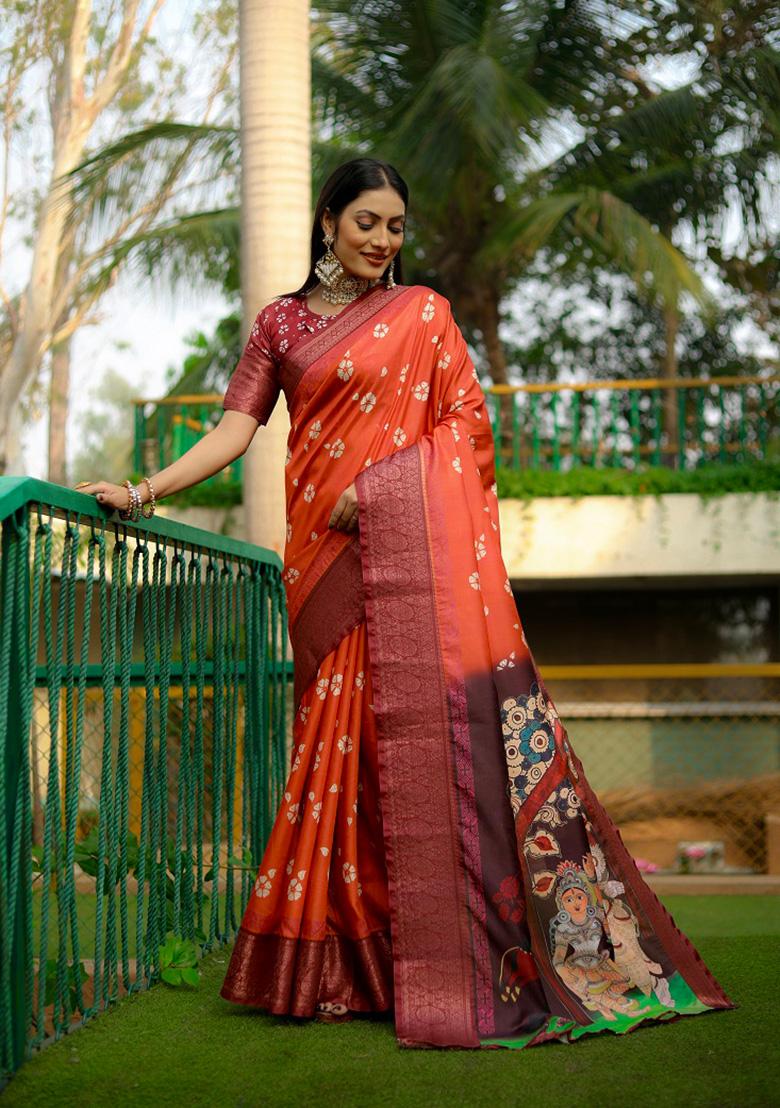 Orange Digital Print Silk Saree Set