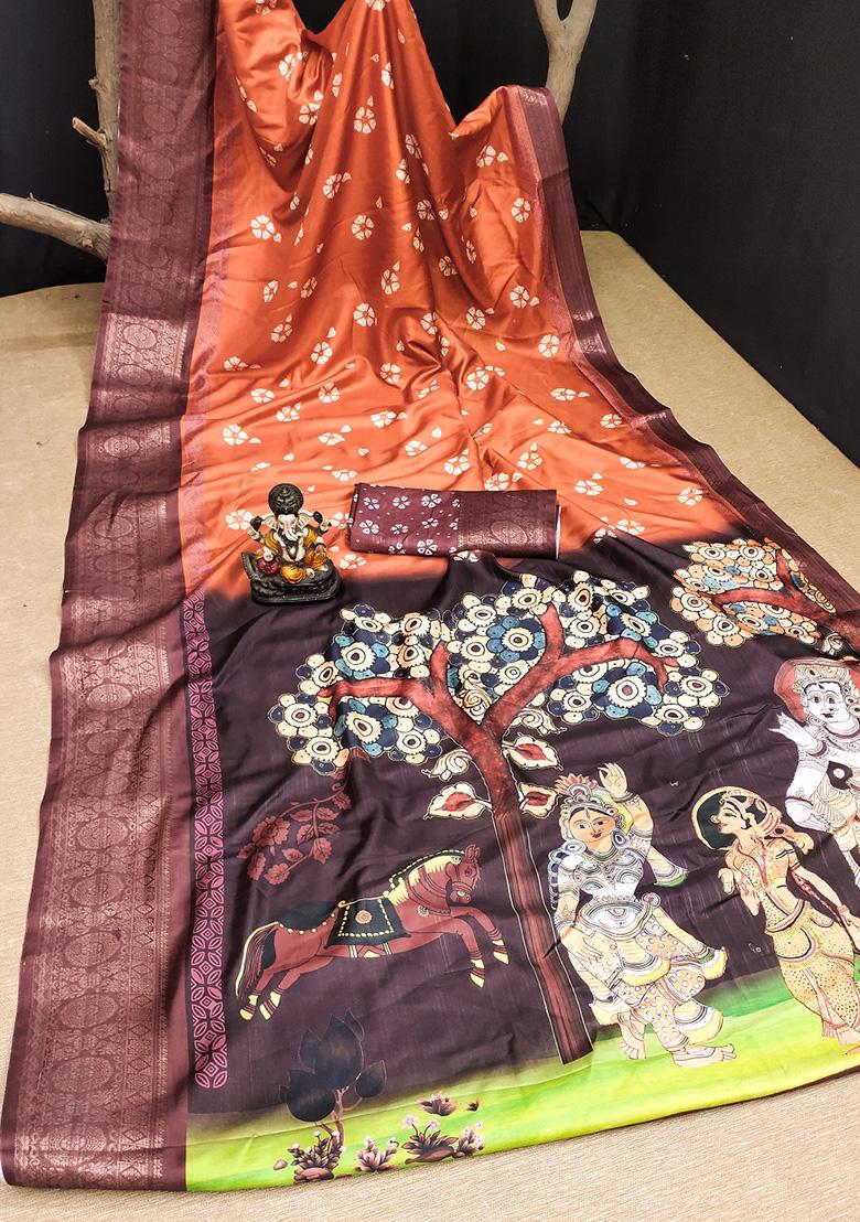 Orange Digital Print Silk Saree Set