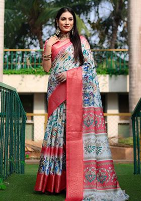 Pink Digital Print Silk Saree Set