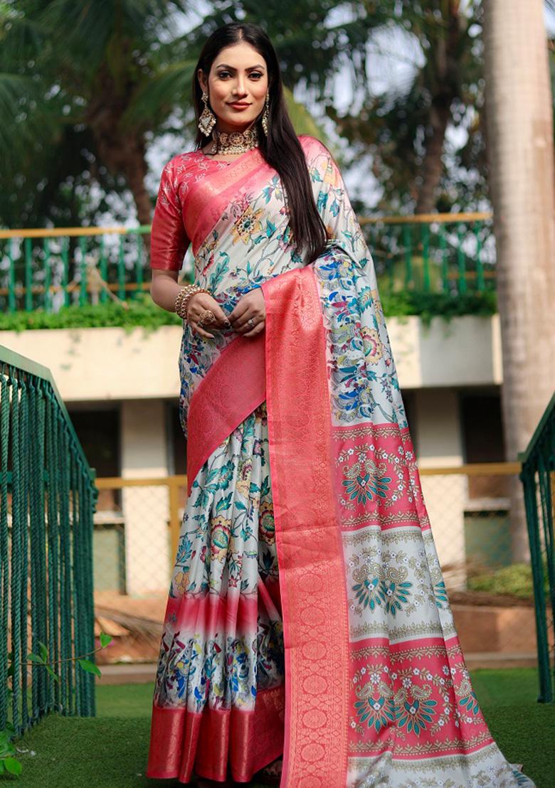 Pink Digital Print Silk Saree Set