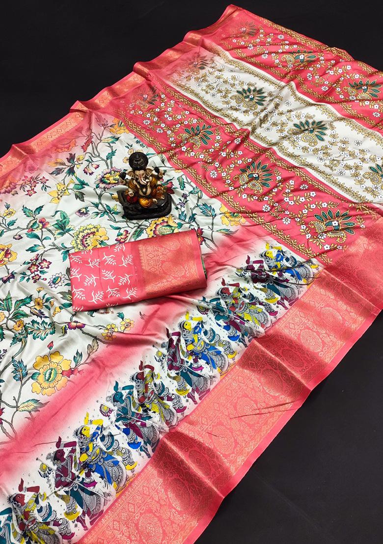 Pink Digital Print Silk Saree Set