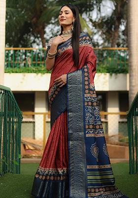 Red Digital Print Silk Saree Set