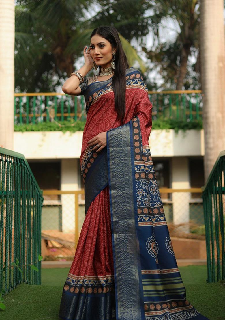 Red Digital Print Silk Saree Set