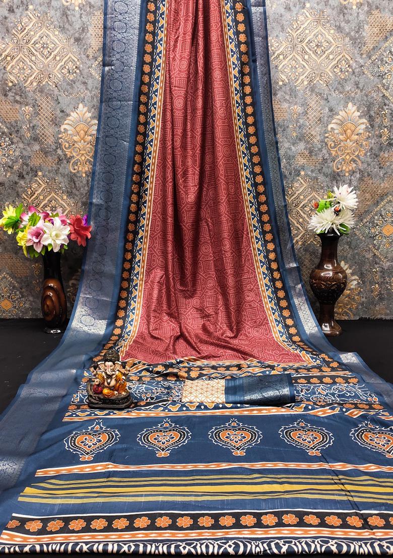 Red Digital Print Silk Saree Set