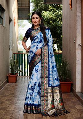 Blue Solid Silk Saree Set