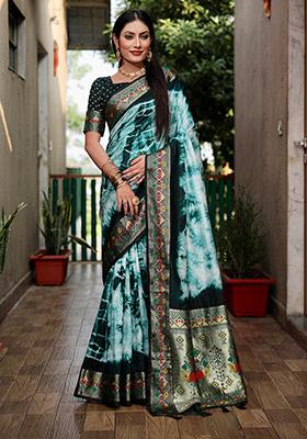 Green Solid Silk Saree Set