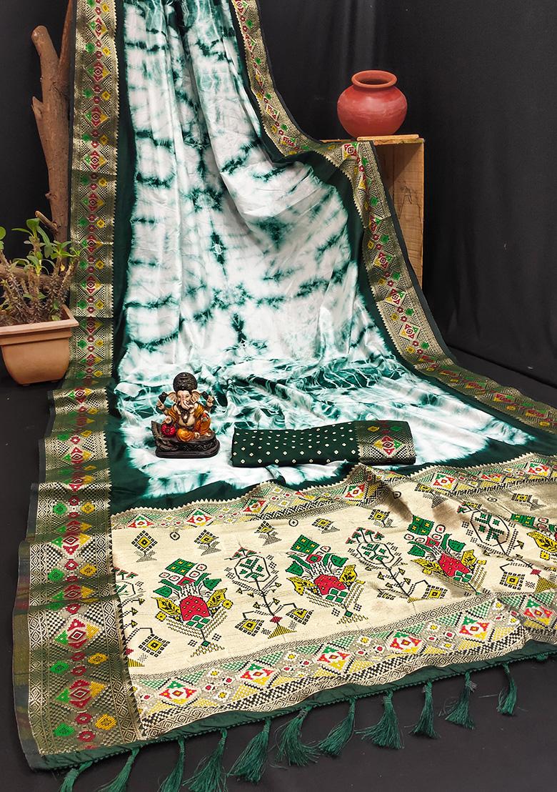 Green Solid Silk Saree Set