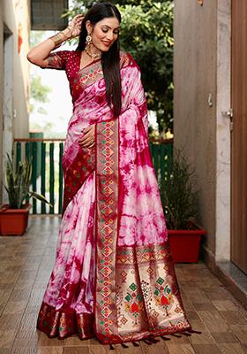 Magenta Solid Silk Saree Set