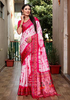 Rani Pink Solid Silk Saree Set