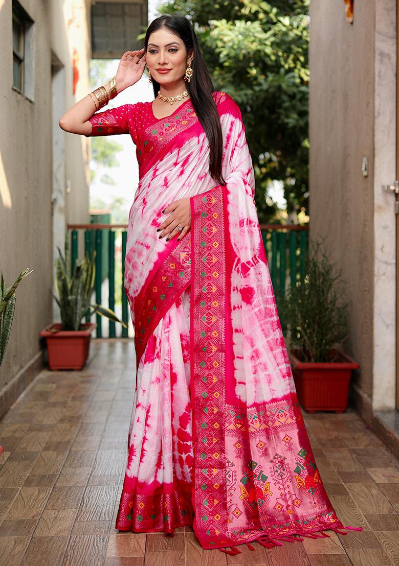 Rani Pink Solid Silk Saree Set