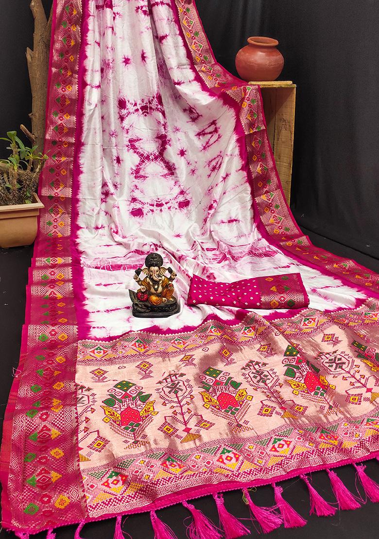 Rani Pink Solid Silk Saree Set