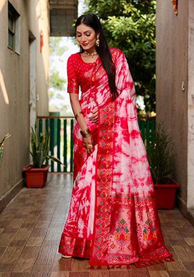 Red Solid Silk Saree Set