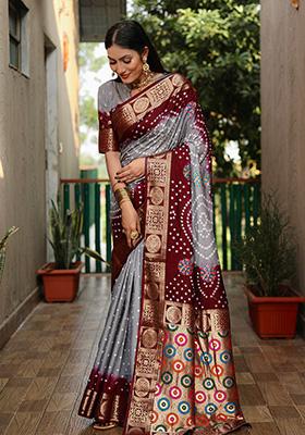 Grey Meenakari Silk Saree Set