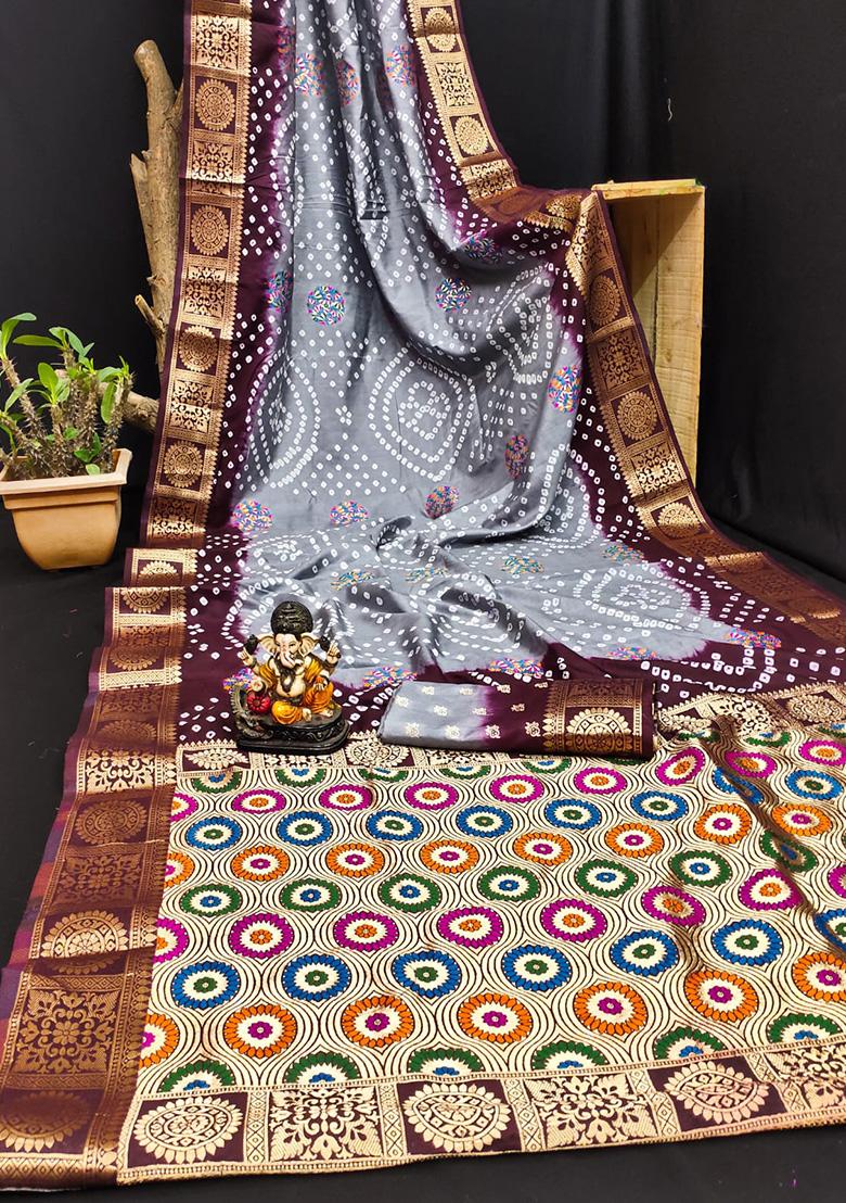 Grey Meenakari Silk Saree Set