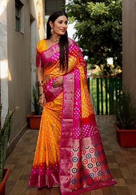 Orange Meenakari Silk Saree Set