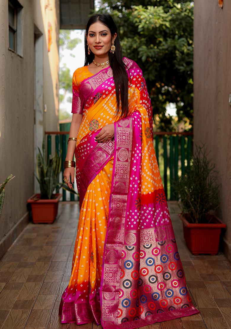 Orange Meenakari Silk Saree Set