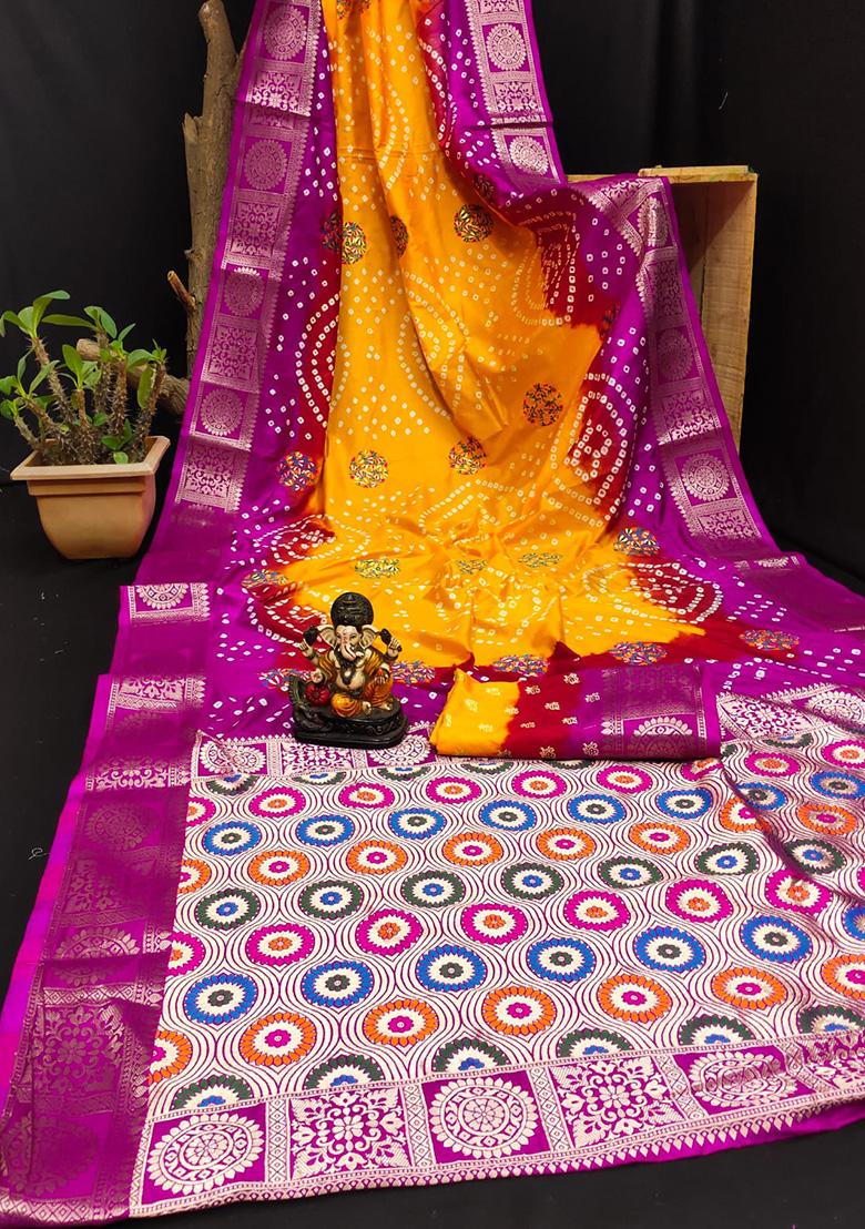 Orange Meenakari Silk Saree Set