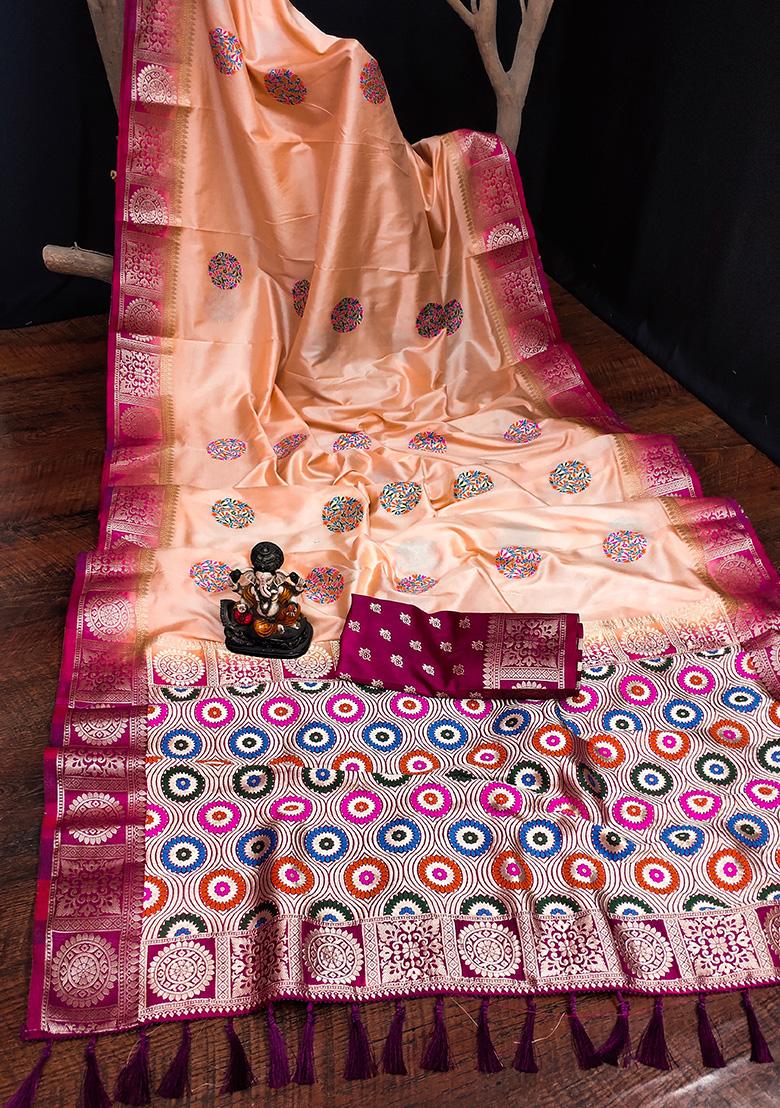 Peach Butta Print Silk Saree Set