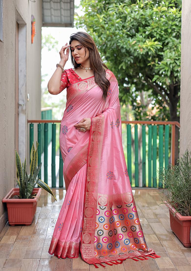 Pink Butta Print Silk Saree Set