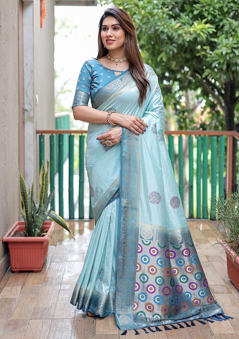 Sky Blue Butta Print Silk Saree Set