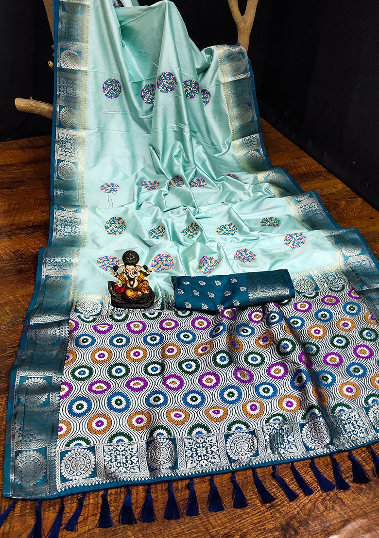 Sky Blue Butta Print Silk Saree Set