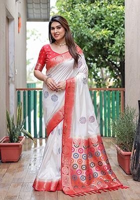 White Butta Print Silk Saree Set
