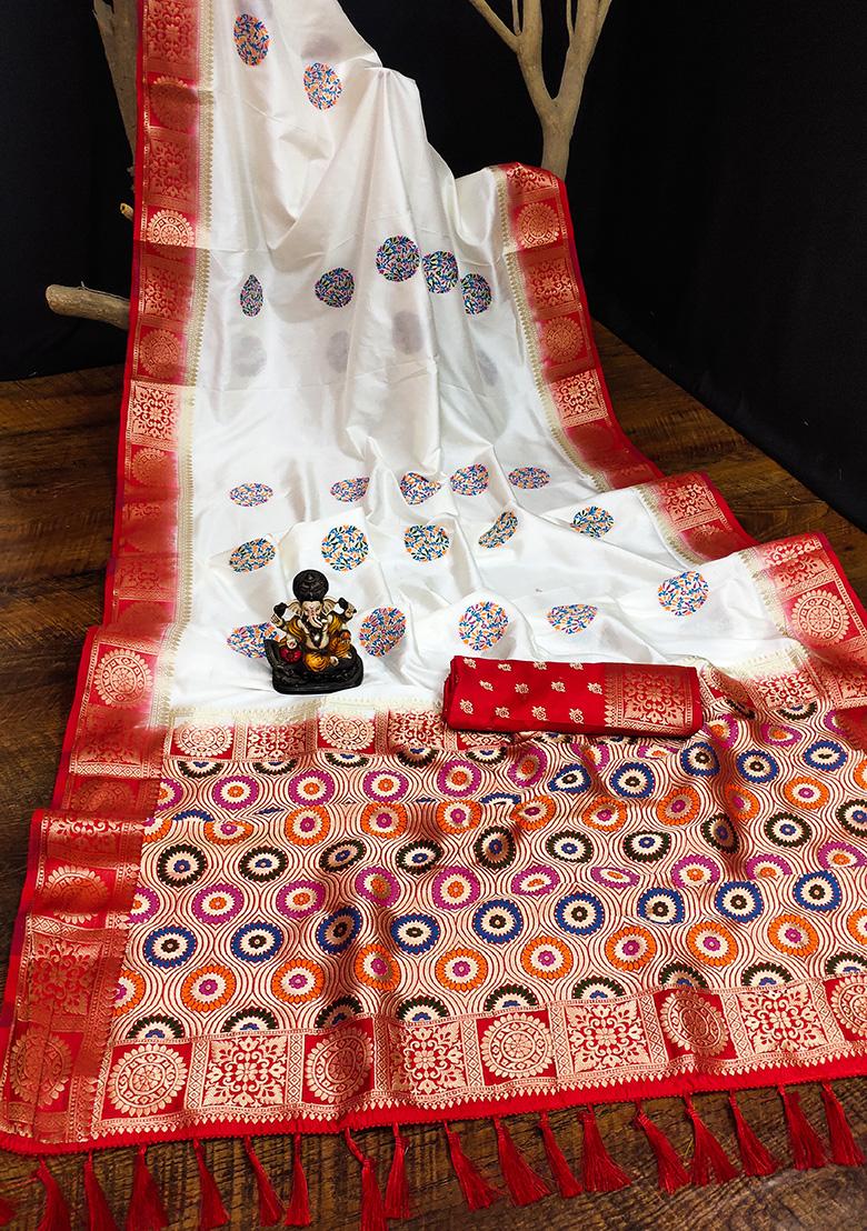 White Butta Print Silk Saree Set