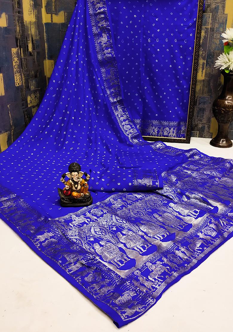Royal Blue Bandhani Print Silk Saree Set
