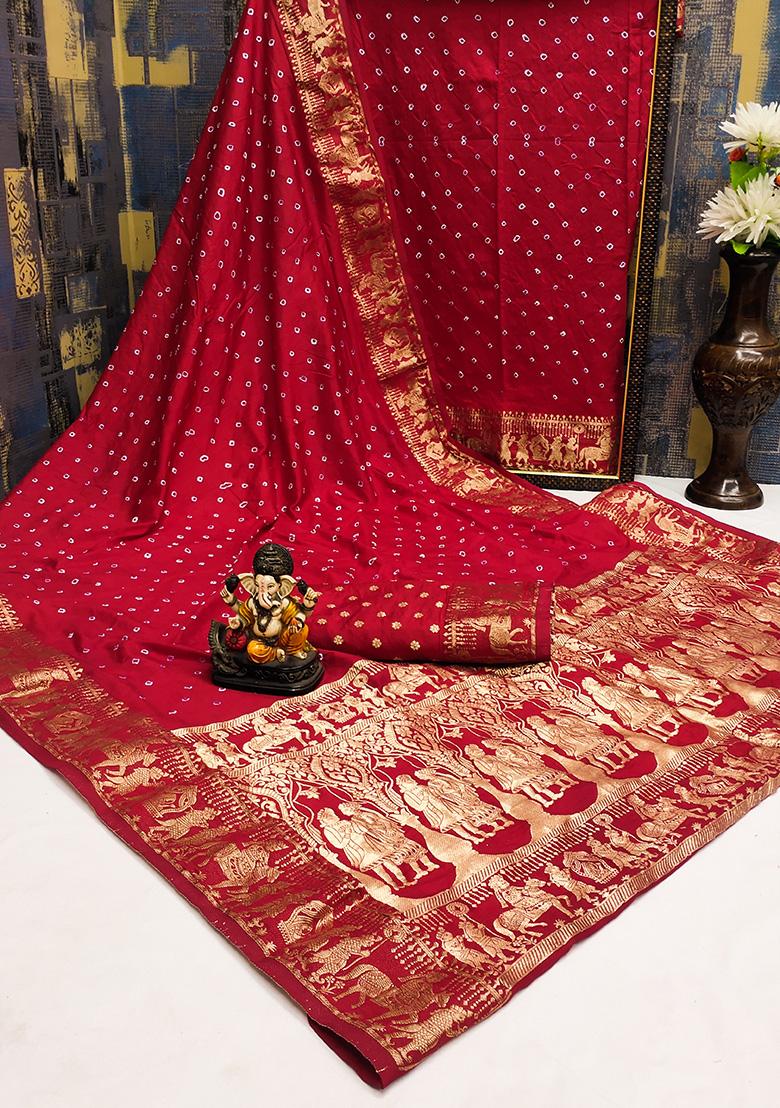 Red Bandhani Print Silk Saree Set
