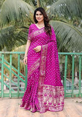 Magenta Bandhani Print Silk Saree Set
