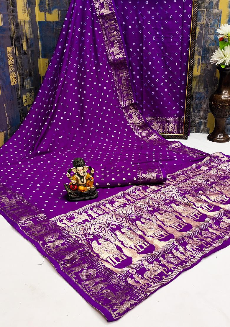 Magenta Bandhani Print Silk Saree Set