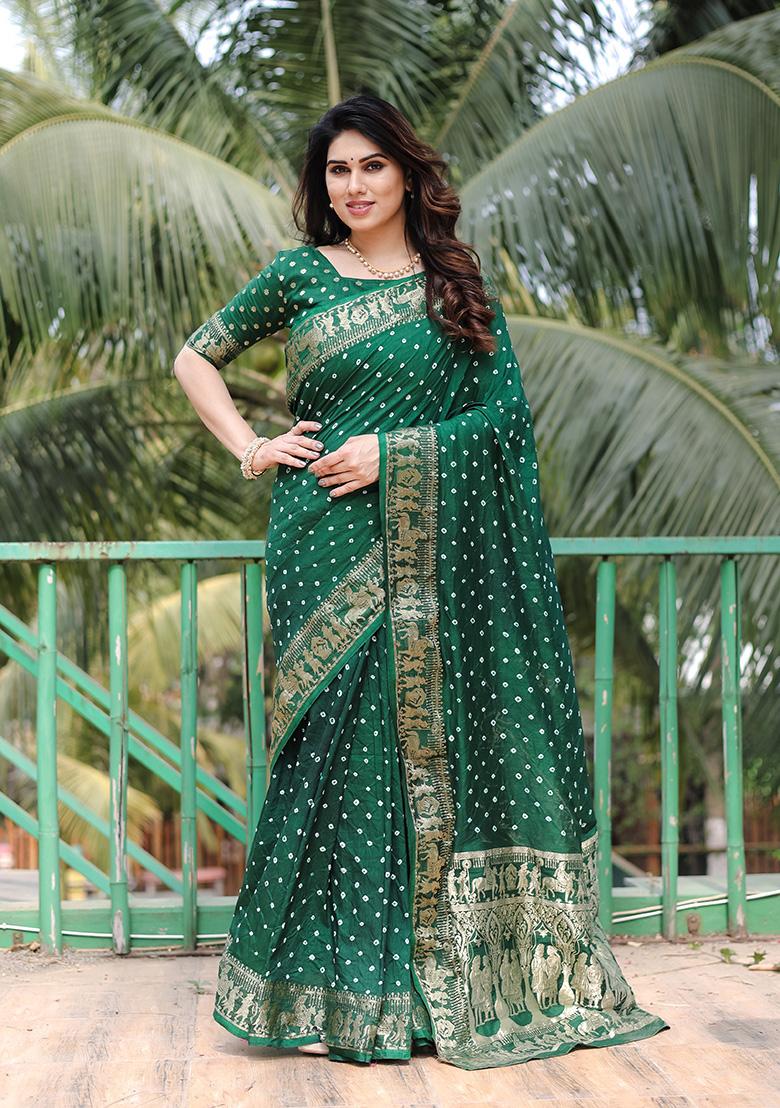 Green Bandhani Print Silk Saree Set