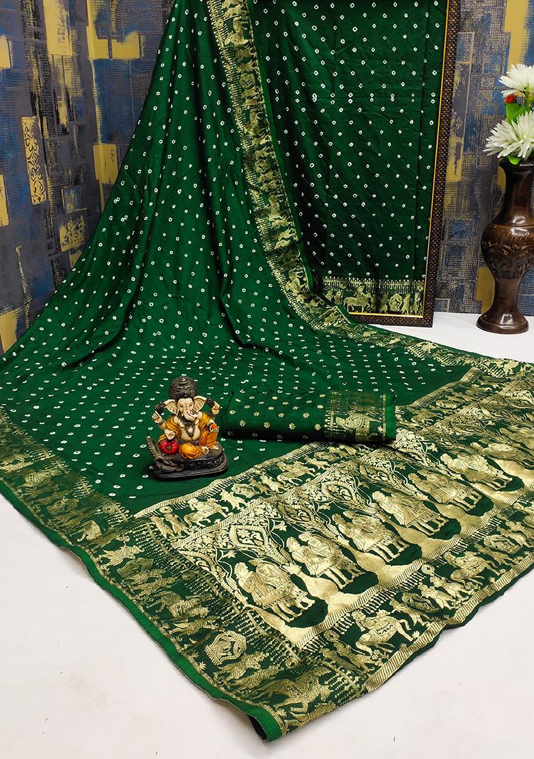 Green Bandhani Print Silk Saree Set