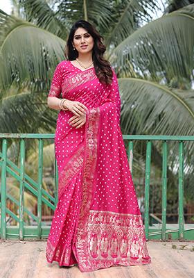 Rani Pink Bandhani Print Silk Saree Set