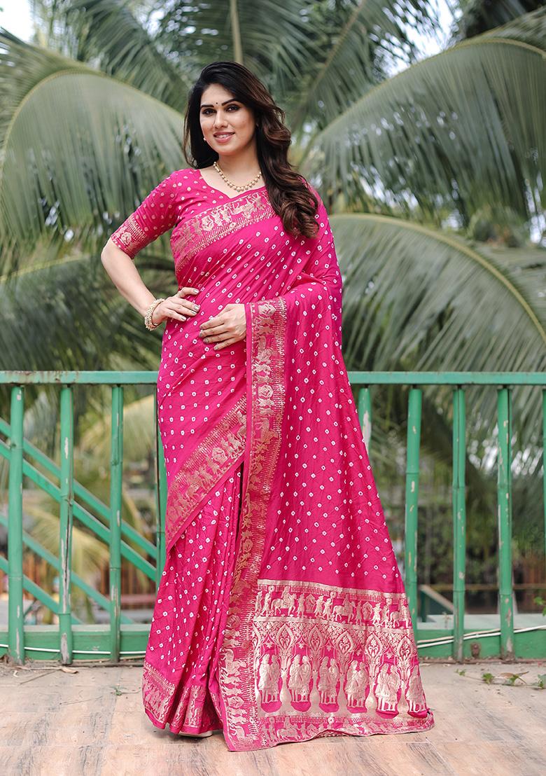 Rani Pink Bandhani Print Silk Saree Set
