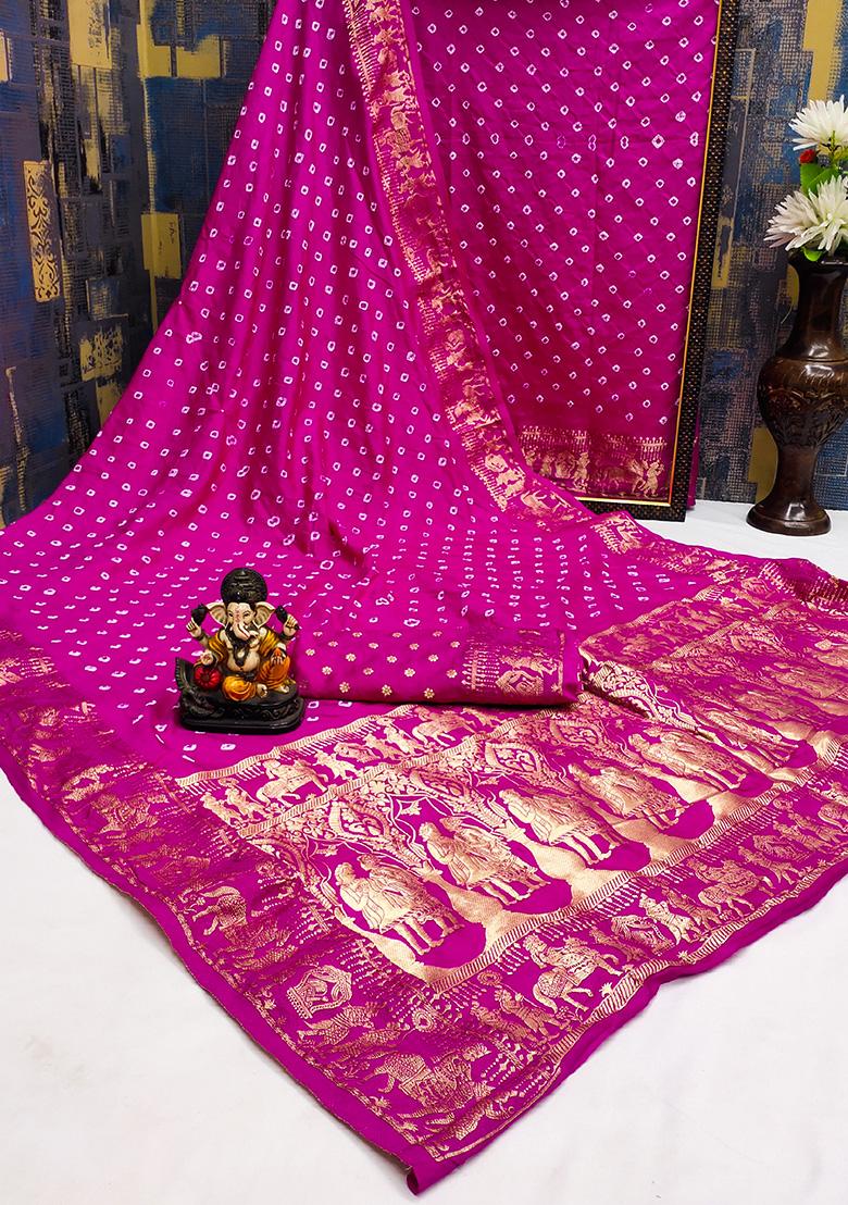 Rani Pink Bandhani Print Silk Saree Set