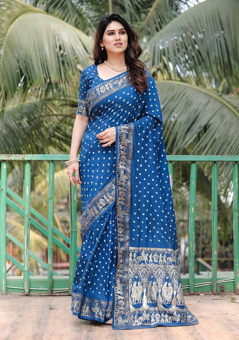 Blue Bandhani Print Silk Saree Set